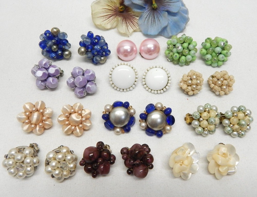 Vintage Clip-On Earring Lot, Cluster Bead & Button Top, Assorted Materials