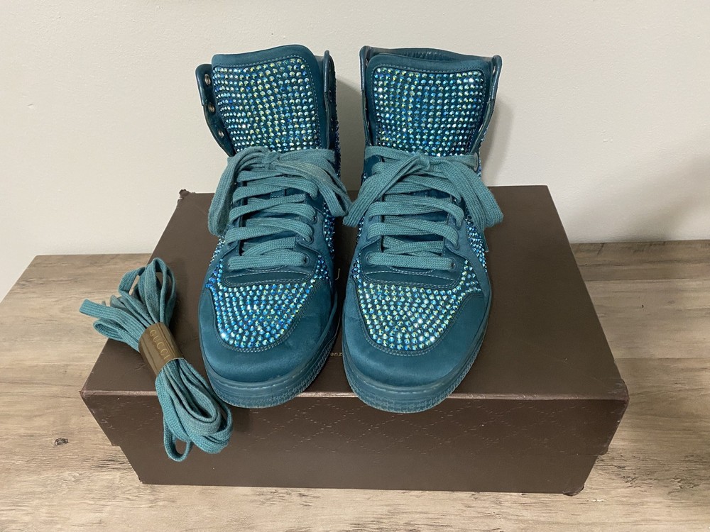 Mens Gucci Shoes 337450 Satin Teal Swarovski Crystals Laceup Sneakers 8.5G 9.5US