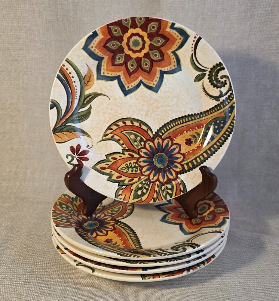 Pier 1 Imports Ironstone Salad Plates Set of 5 Colorful Paisley Floral Boho 8.5”