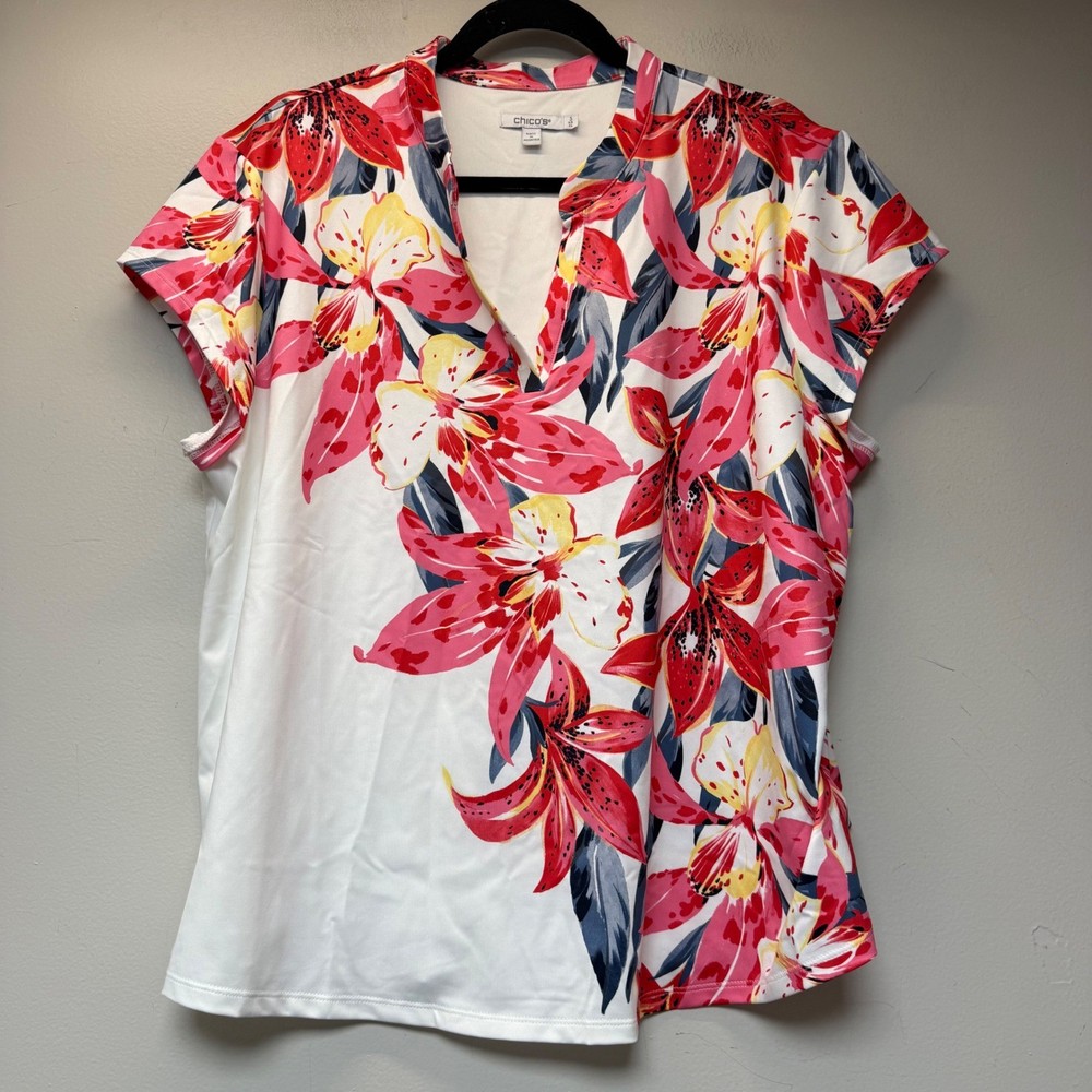Chico's Floral Blouse Womens 3 XL White Pink Multi Excellent Tropical Lily Top