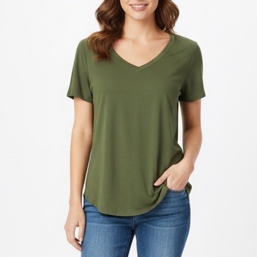 T-Shirt Womens Medium Olive Green Rayon Stretch V-Neck Short Sleeve Pullover