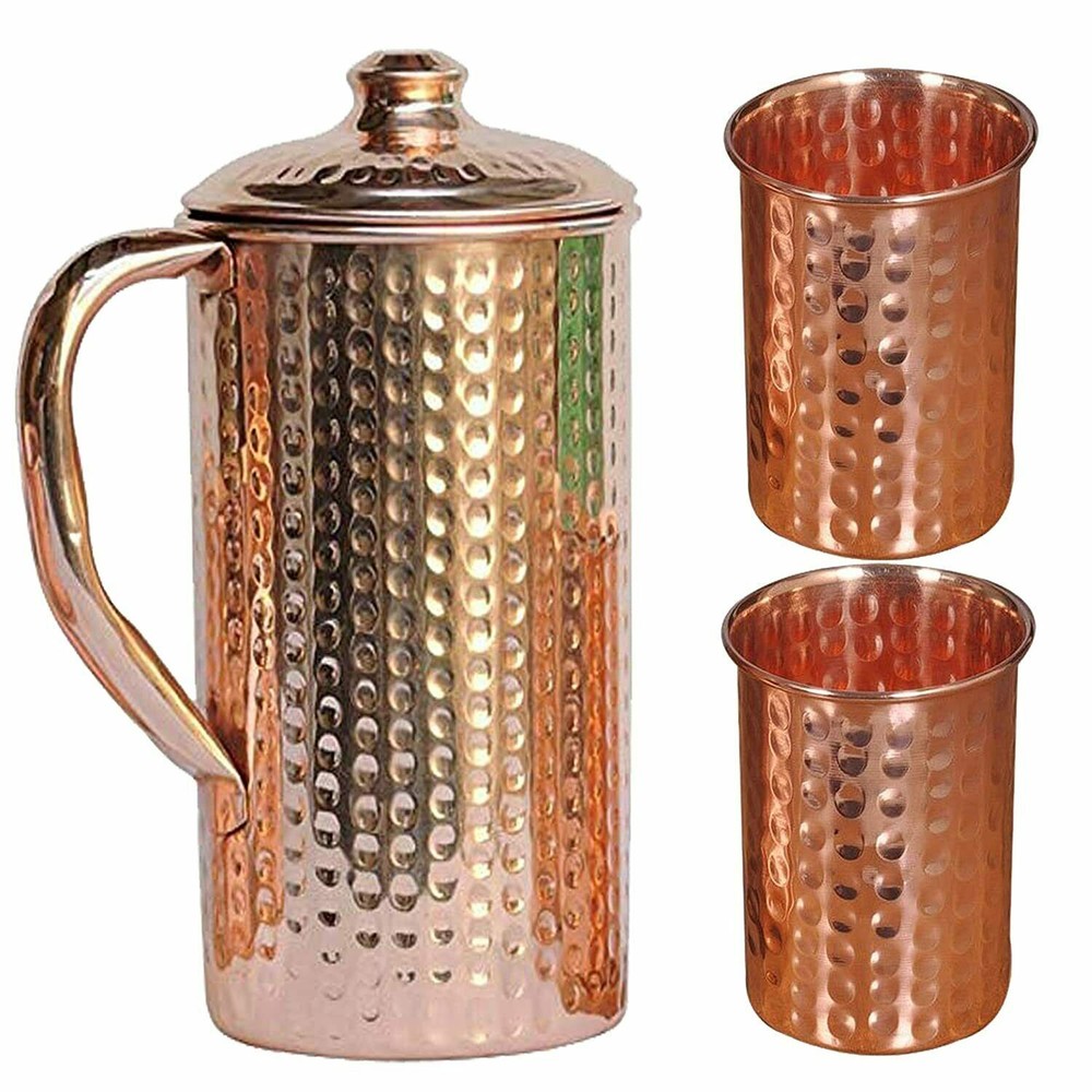 Copper Hammered Glass Water Jug for Health Benefits