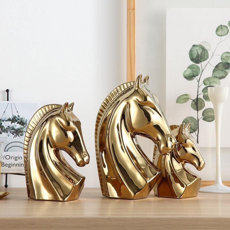Figurine Animal Horse Ceramic Gold Carved Modern Medium Free Stand Home Decor