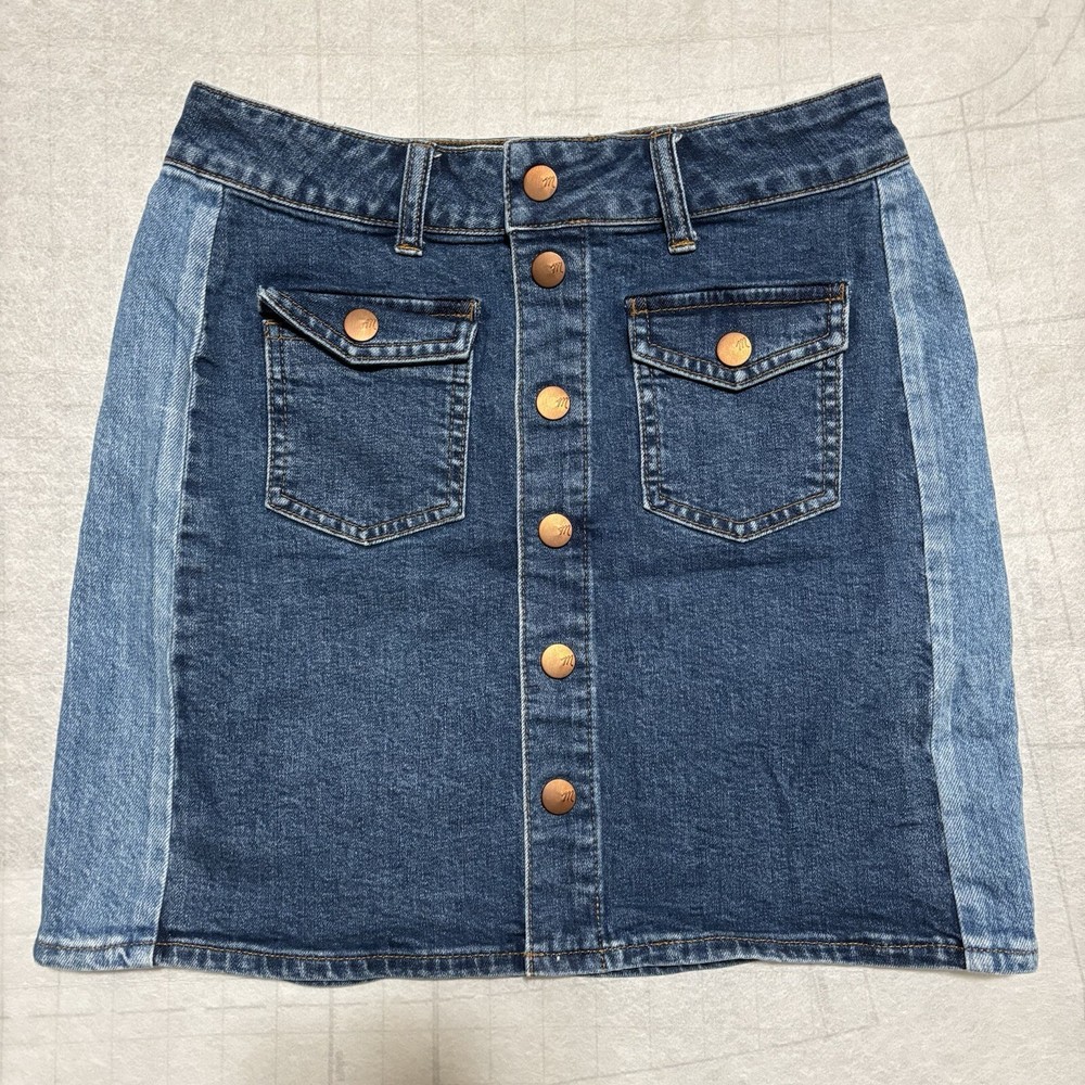 Madewell Women's Mini Denim Skirt Jean Button Front Stretch Size 26 Two Tone