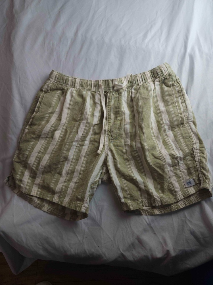 Katin Shorts Men Size XL Green White Striped Linen Blend Chino Drawstring Preppy