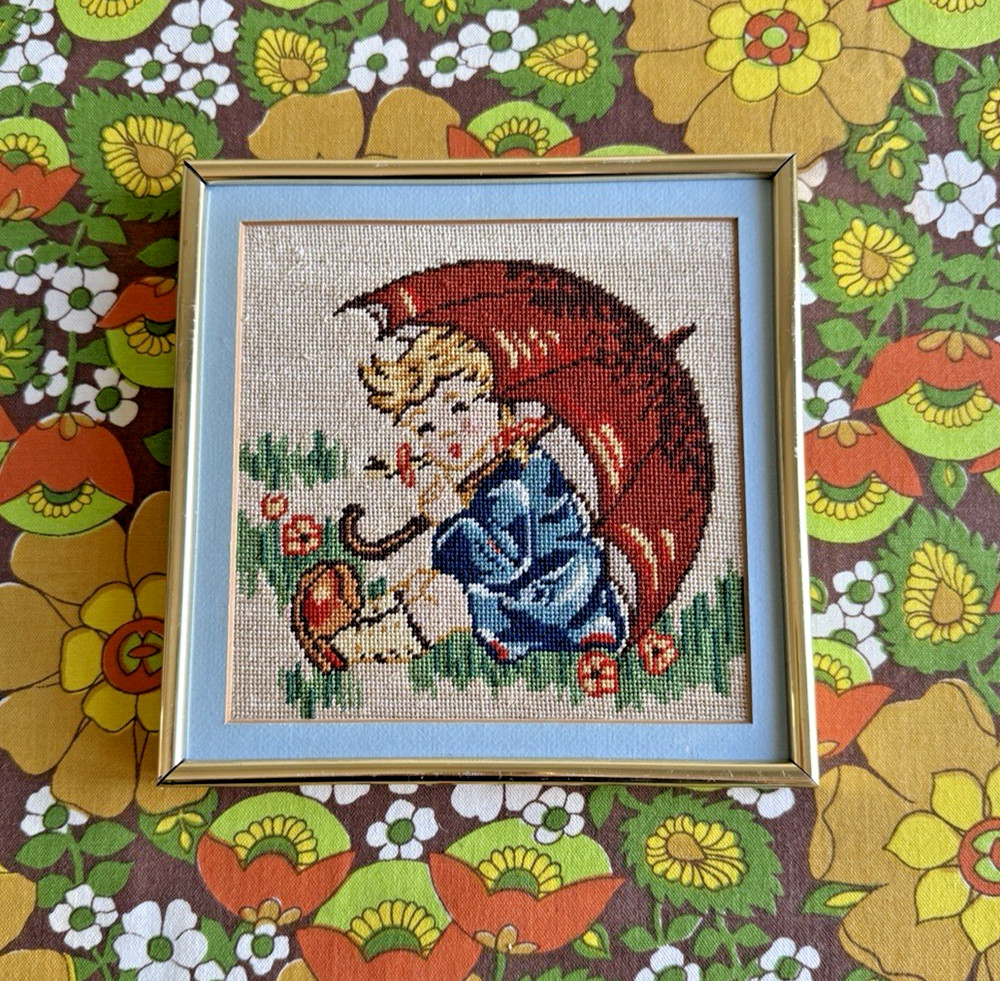 Vintage Framed Needlepoint Yarn Wall Art Hummel Boy with Umbrella