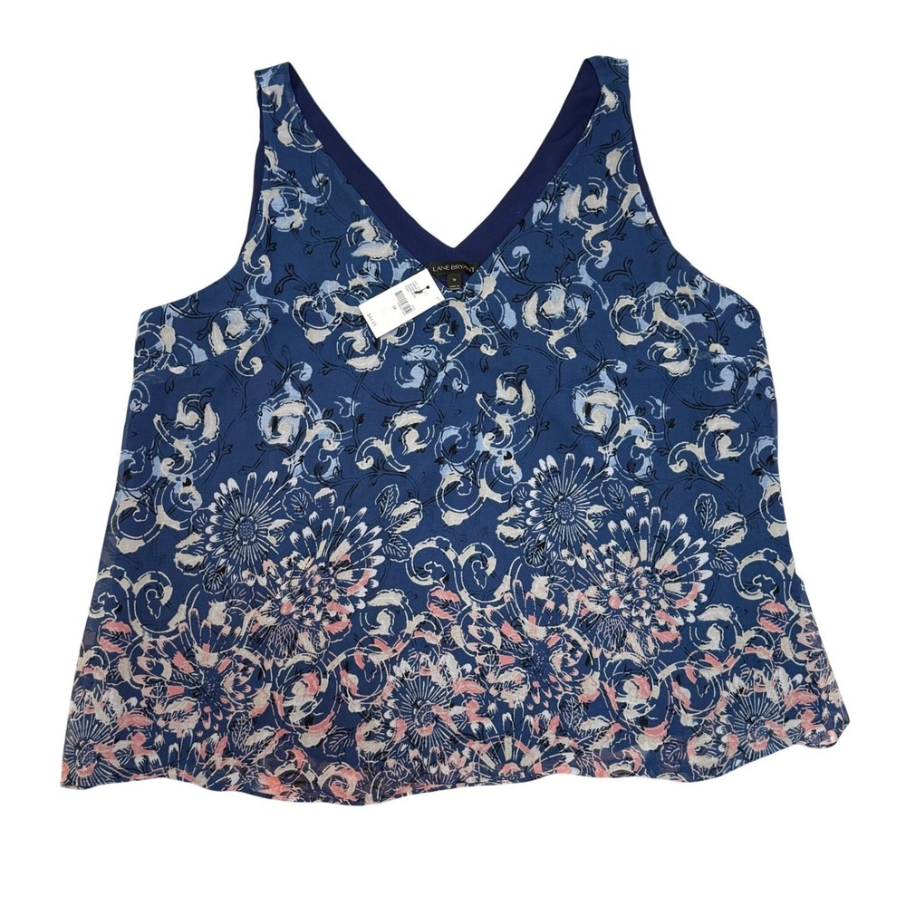 Lane Bryant Chiffon Blue Floral V-Neck Sleeveless Tank Blouse Plus NEW