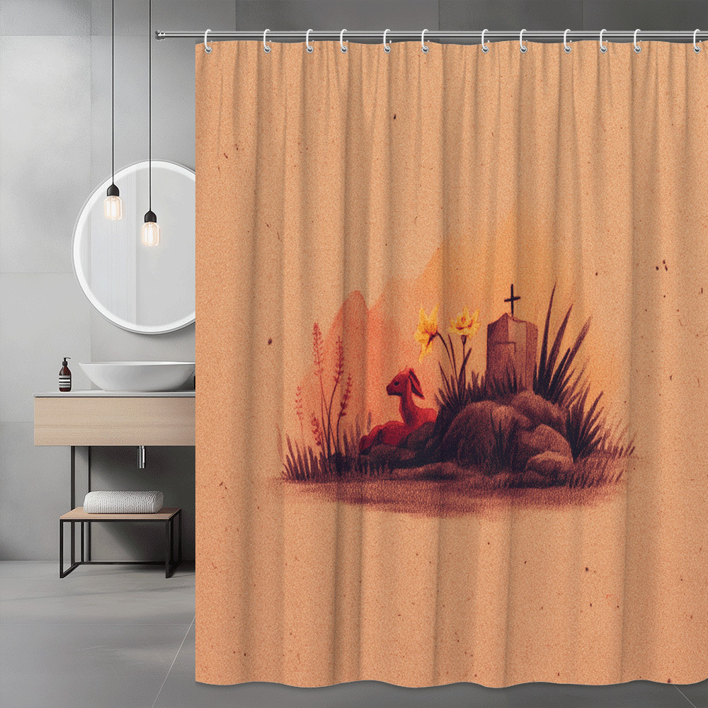 Western Desert Scene Shower Curtain, Red Horse, Cactus, Tombstone Print