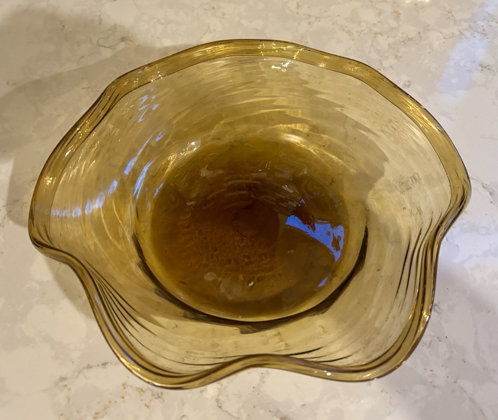 Vintage Amber Glass Ruffled Bowl-Mid Century Modern Hand Blown Centerpiece 9”