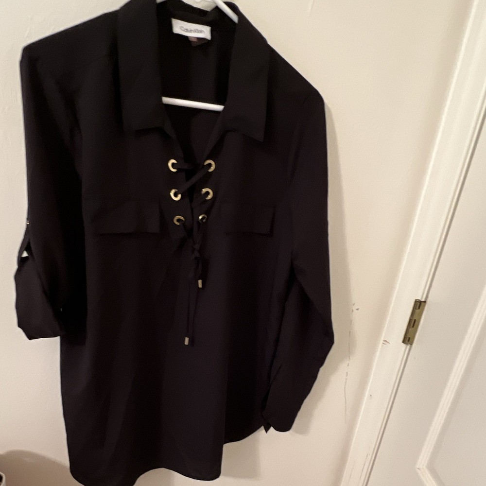 Calvin Klein Black Solid Lace-Up Grommet Collared Roll Tab Long Sleeve Blouse M
