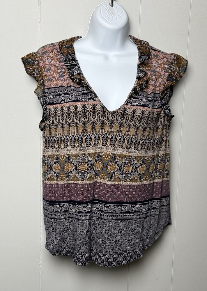 Lucky Brand Women’s cotton Blend Multicolor Boho Ruffle Cap Sleeve Blouse Sz M
