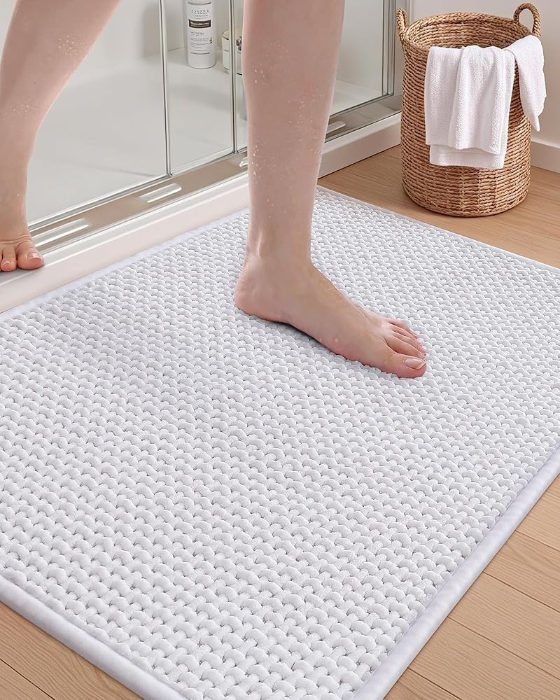 Soft Chenille Non-Slip Bath Rug - Absorbent Quick Dry White Bath Mat