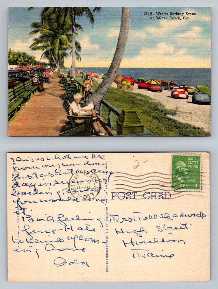 Delray Beach, FL-Florida, Winter Bathing Scene Beach Umbrellas Vintage Postcard