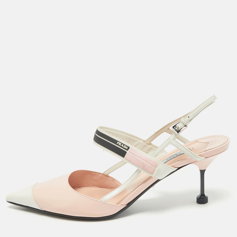 Prada Pink and White Leather Pointed Toe Slingback Heels Size 41