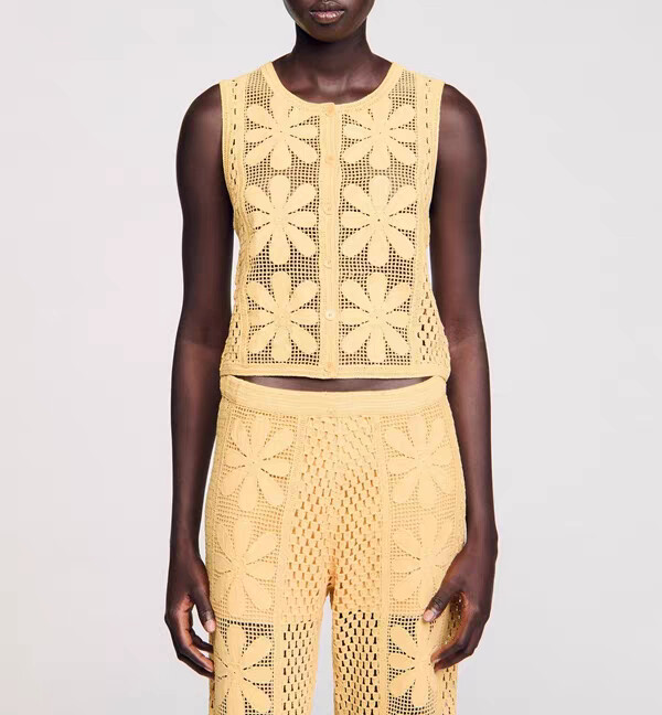 Women Sandro Round Neck Embroidered Knit Sleeveless Tank Top