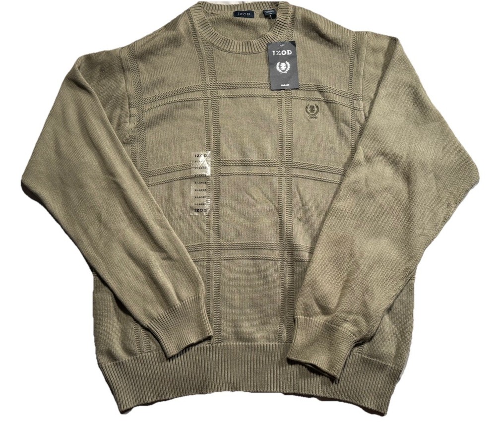 IZOD Sweater Mens XL Green Cable Knit Pullover Crew Neck Cotton Knit Classic