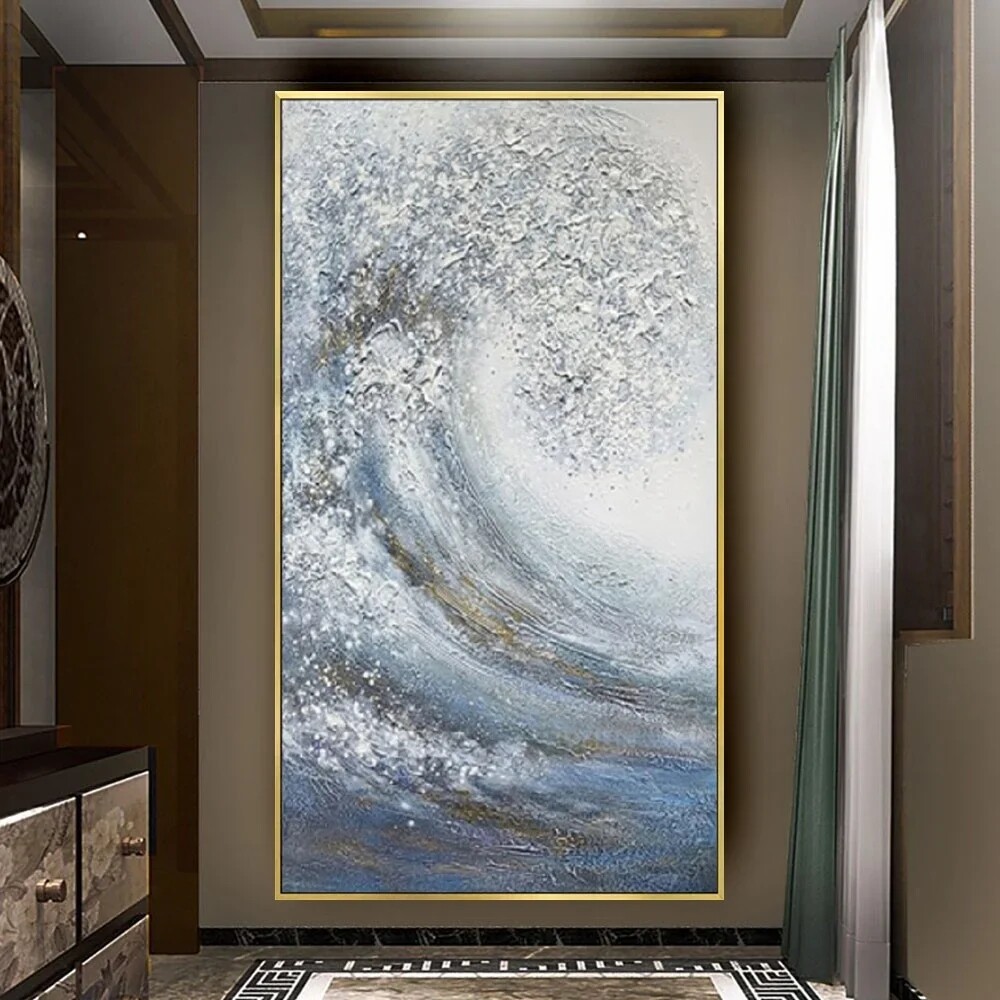 Hand Painted Abstract Oil Painting Nordic Contemporary Art Paintings Blue Silver