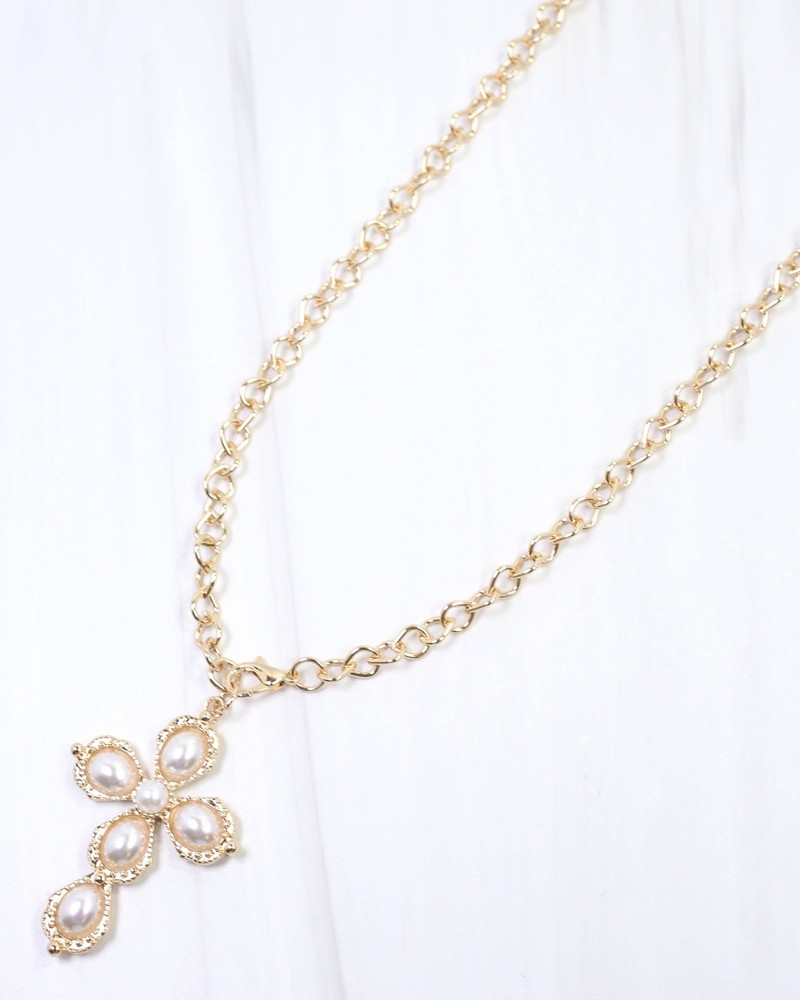 Caroline Hill Gold Pirie Pearl Cross Layered Necklace