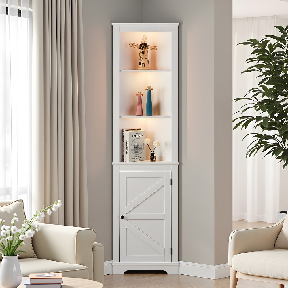 71-Inch Tall Corner Storage Cabinet with Sliding Barn Door and Adjustable Shelves
