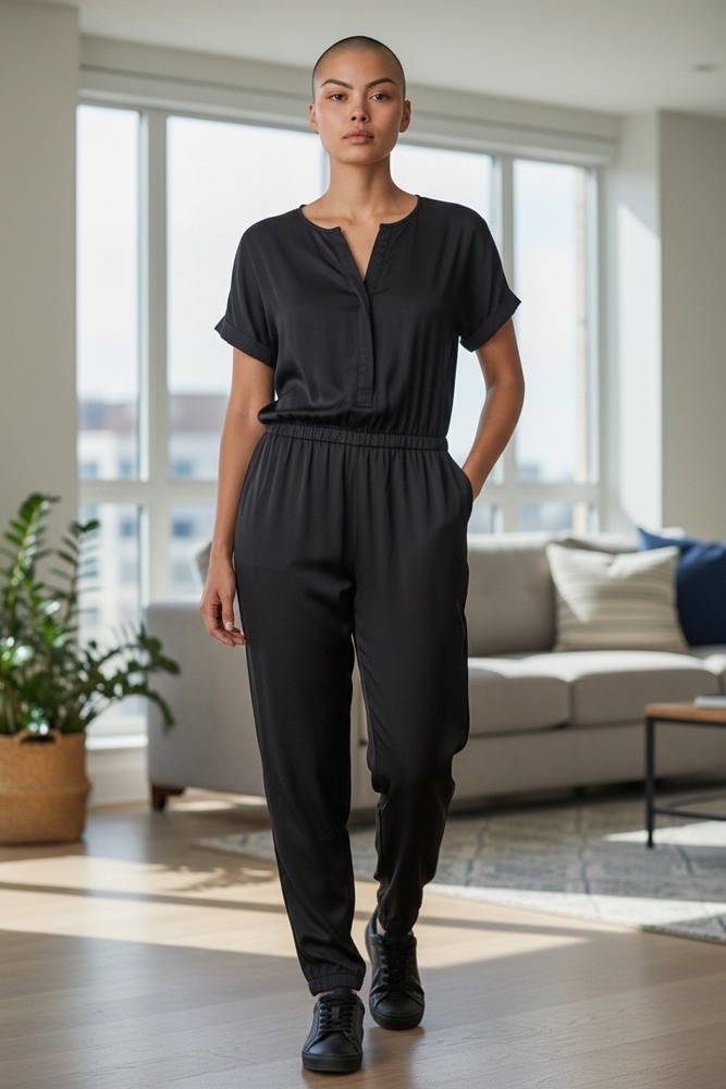 Vince Women’s Size 2, Black 100% Silk Zippered Jumpsuit Short Sleeve