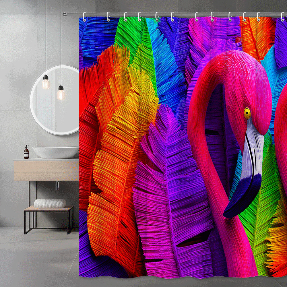 Rainbow Flamingo Shower Curtain, Colorful Tropical Bird Print