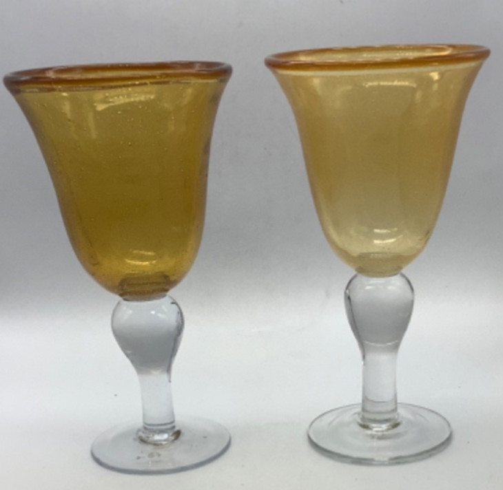 Artland Iris Amber Hand Blown Bubble Stem Glass, Water Goblets, Set of 2,  8.25”