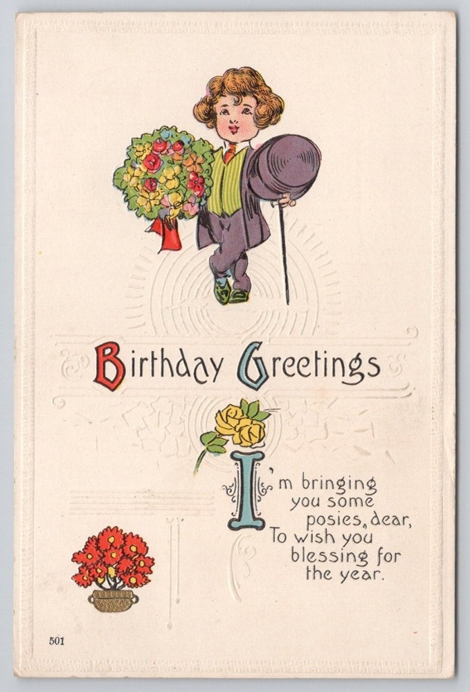 1910 Embossed Birthday Greetings Postcard Child Flowers Easton PA Postmark