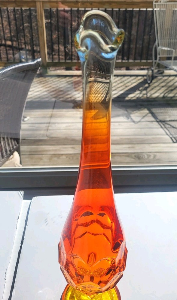 Vtg MCM Orange Viking Glass Amberina Epic Column Footed Swung Vase 14