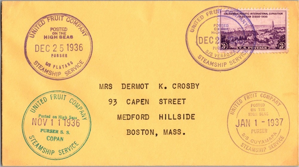 1936 SS Copan United Fruit Co First Day Cover Boston MA Vintage Postal Collectible