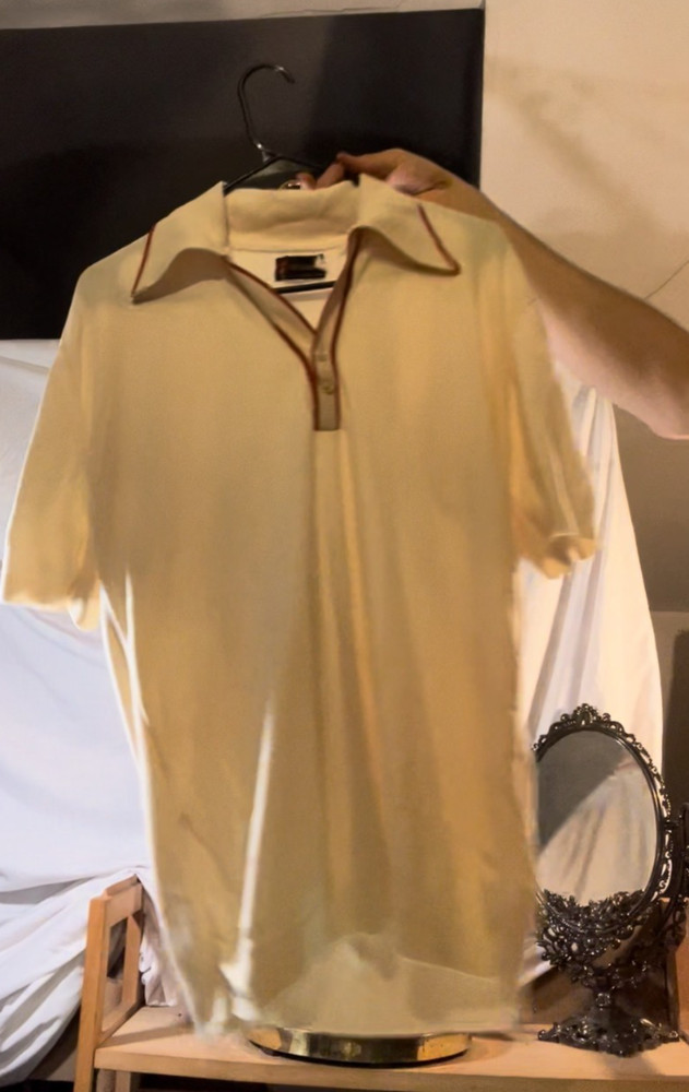 Vintage Ban‑Lon 70s 80s by VINTAGE Knit Polo Shirt XL Cream Brown Trim Korea