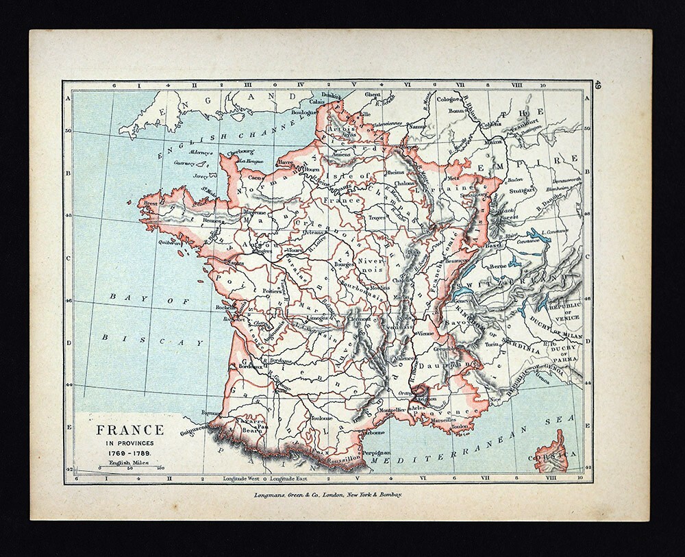 Antique History Map France in Provinces 1769-1789 Paris Lyon Marseilles Bordeaux