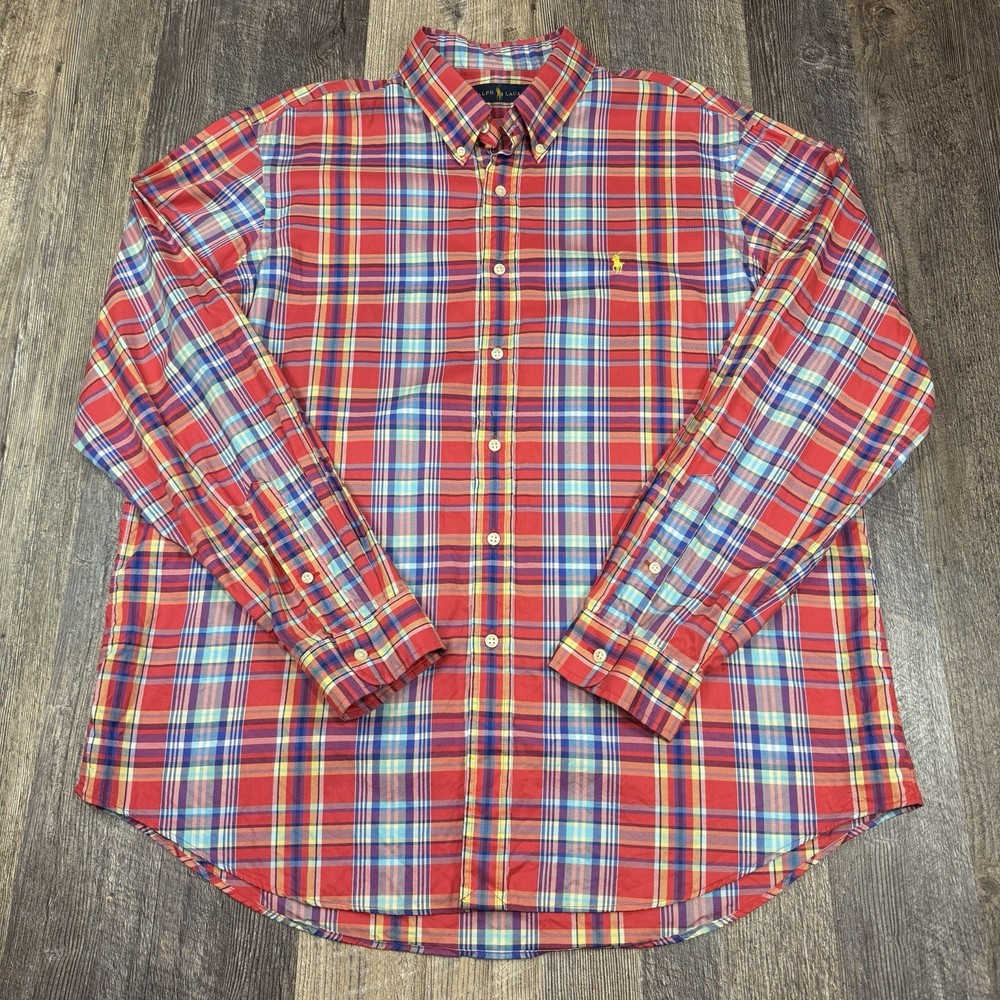 Polo Ralph Lauren Plaid Button Down Shirt Mens XL Red Multicolor Pony Logo