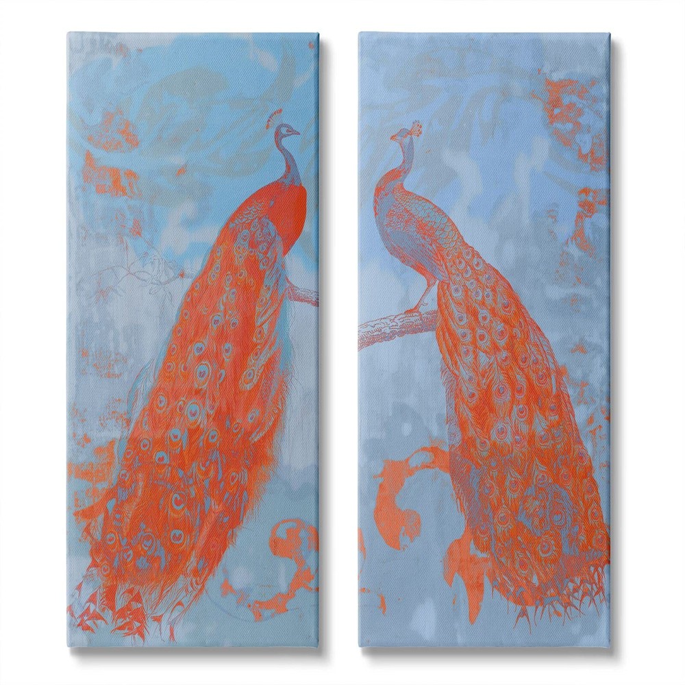 Elegant Peacock Feathers Forest Bird Blue Orange Wall Art, 2pc, Each 10 x 24,...