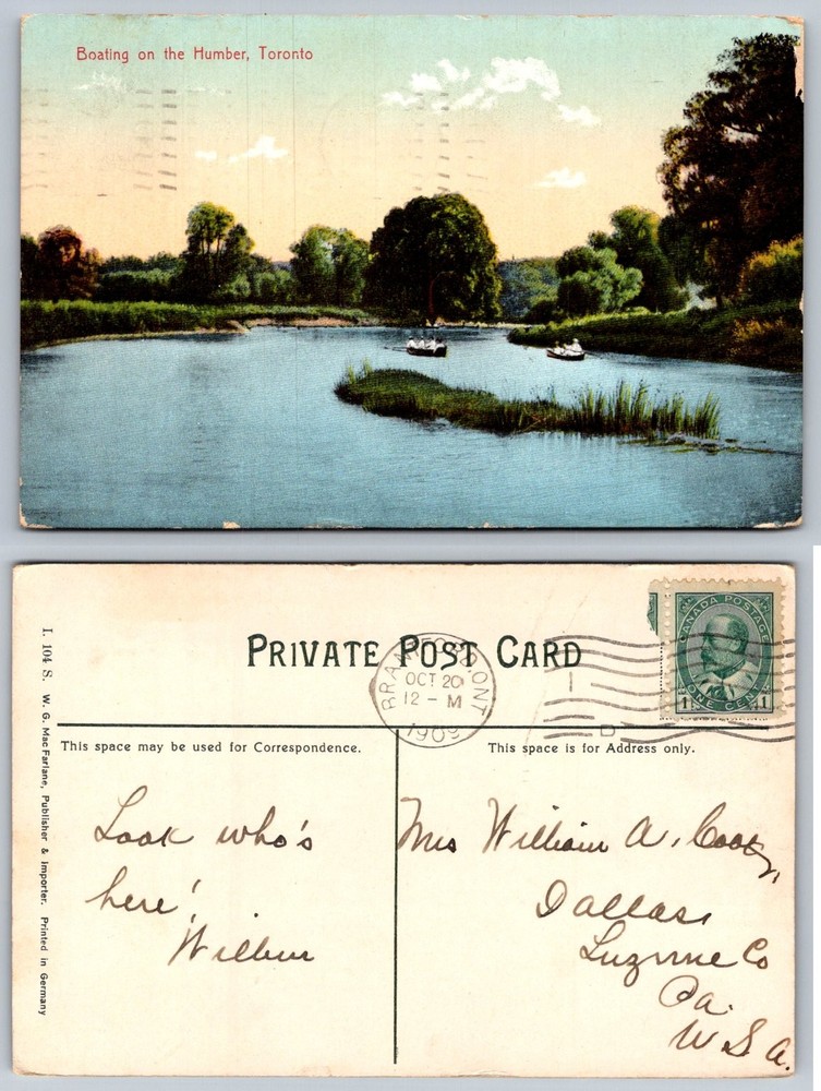 1909 Boating on the Humber River Toronto Canada MacFarlane Postcard Posted