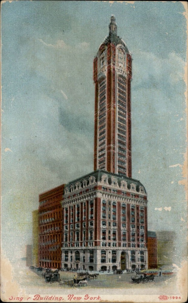 Singer Building New York City NY horse buggies ~ c1910 vintage postcard