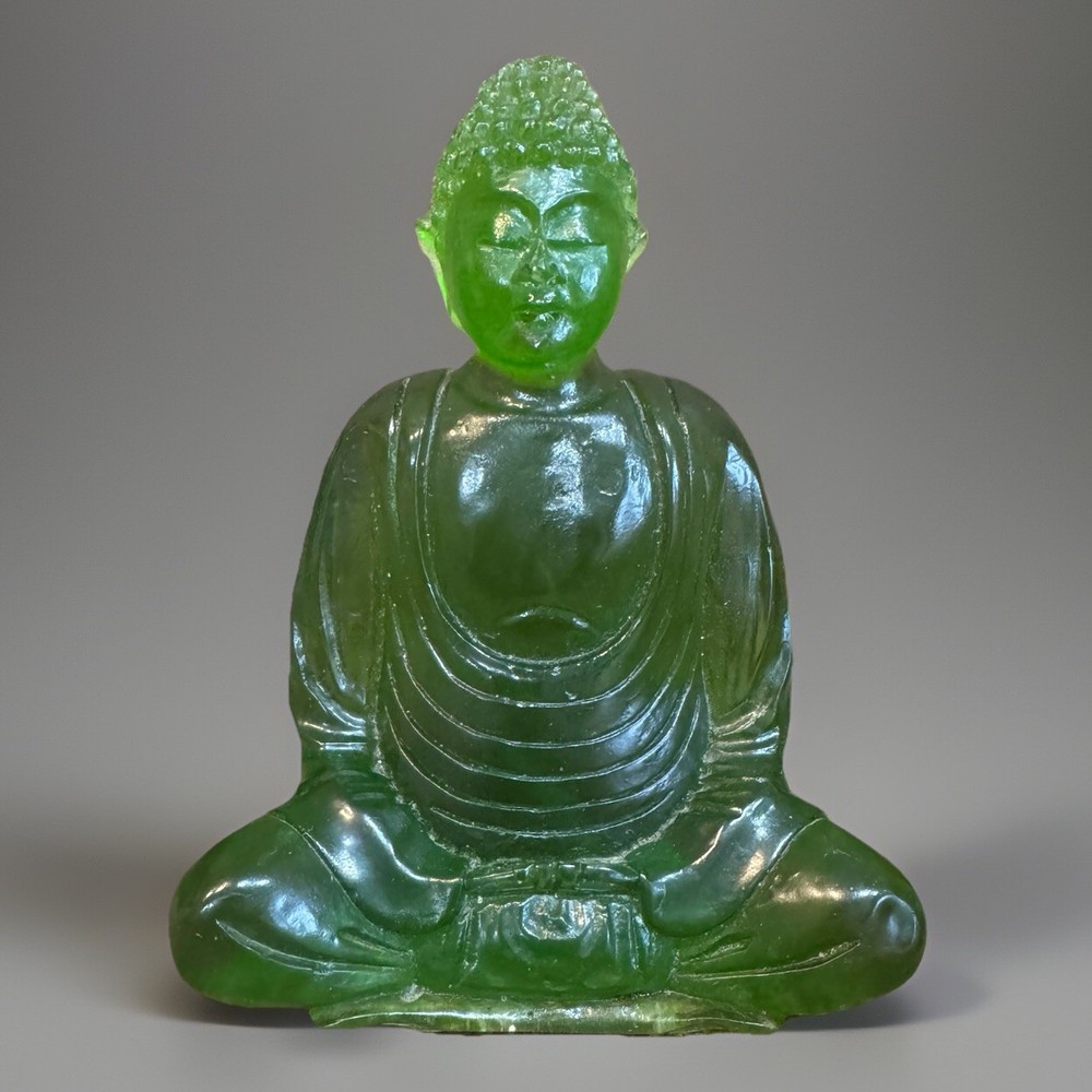 EUC Rare HTF Vintage Sitting Thai Clear Green Resin Buddha 5.5” X 4”