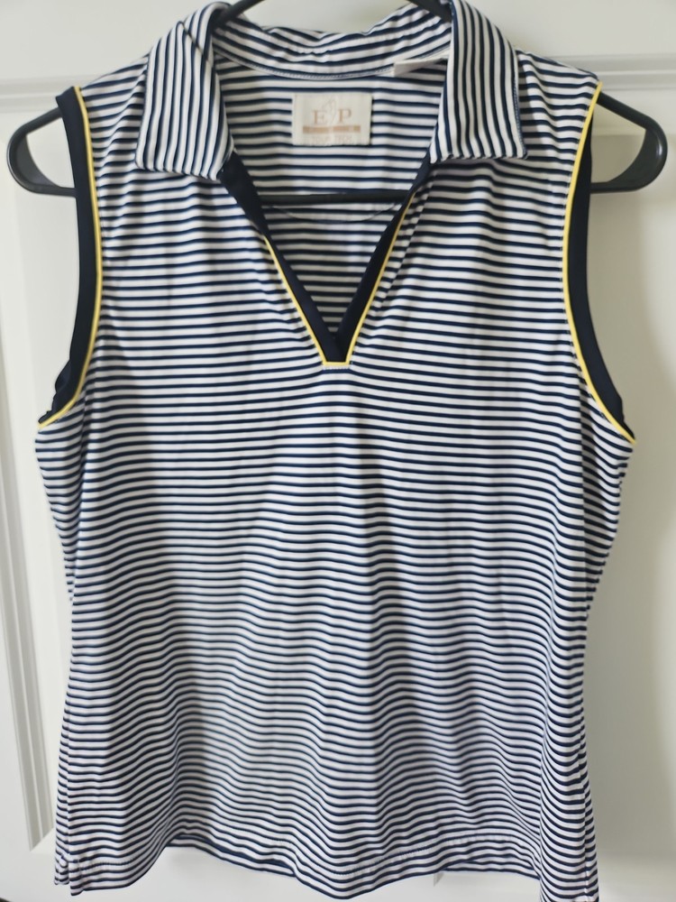 EP Pro Tour Tech Women's Sleeveless Golf Polo Shirt Navy White Stripe, Medium