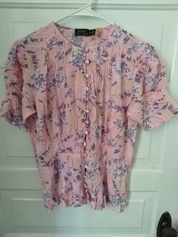 Polo Ralph Lauren Feminine Floral Figure Flattering Smocking Blouse Pink Size 10
