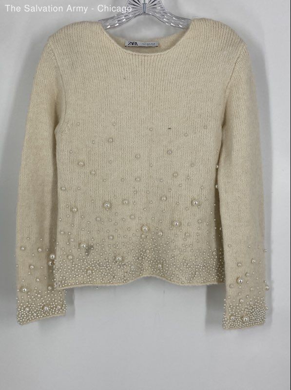 Zara Womens Beige Crew Neck Pearl Long Sleeve Pullover Sweater Size Medium