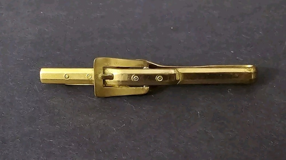 MCM Designer Signed Anson Gold Tone Pin Belt Buckle Embroidered Tie Clip