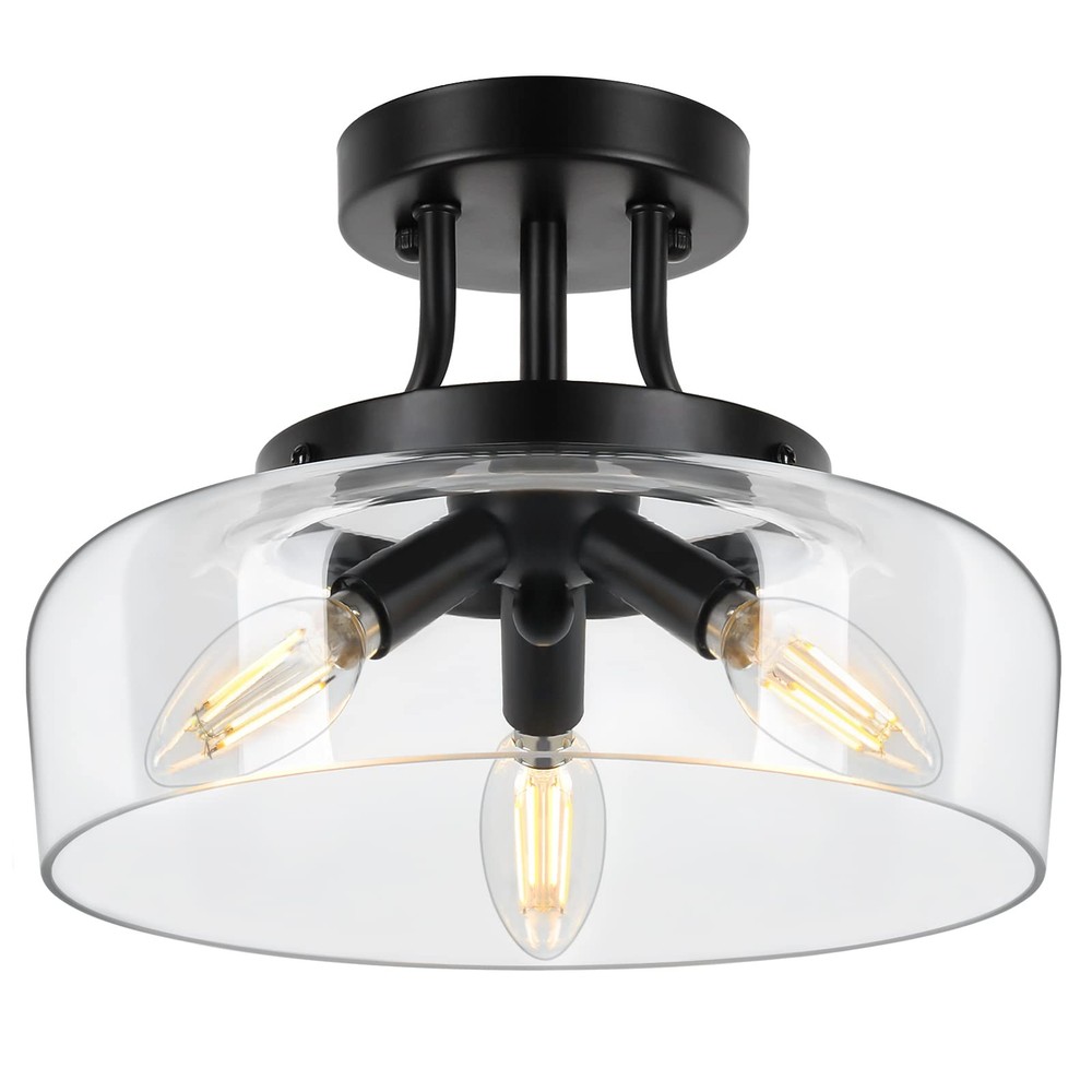 Modern Industrial Semi-Flush Ceiling Light with Clear Glass Shade 3-Bulb Design