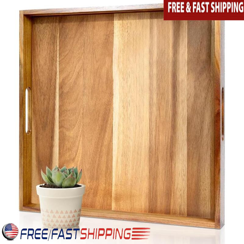 Acacia Wood Square Serving Tray with Handles for Food and Drinks Ottoman Style-image