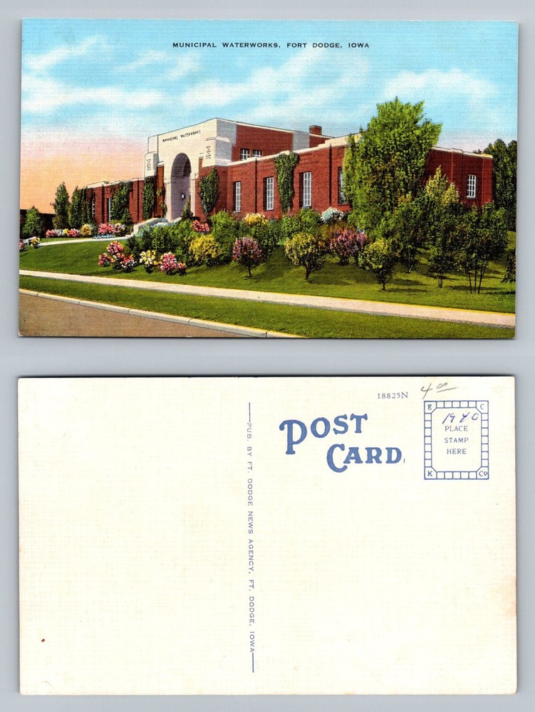 Fort Dodge, IA-Iowa Municipal Waterworks Brick Building Flowers Vintage Postcard