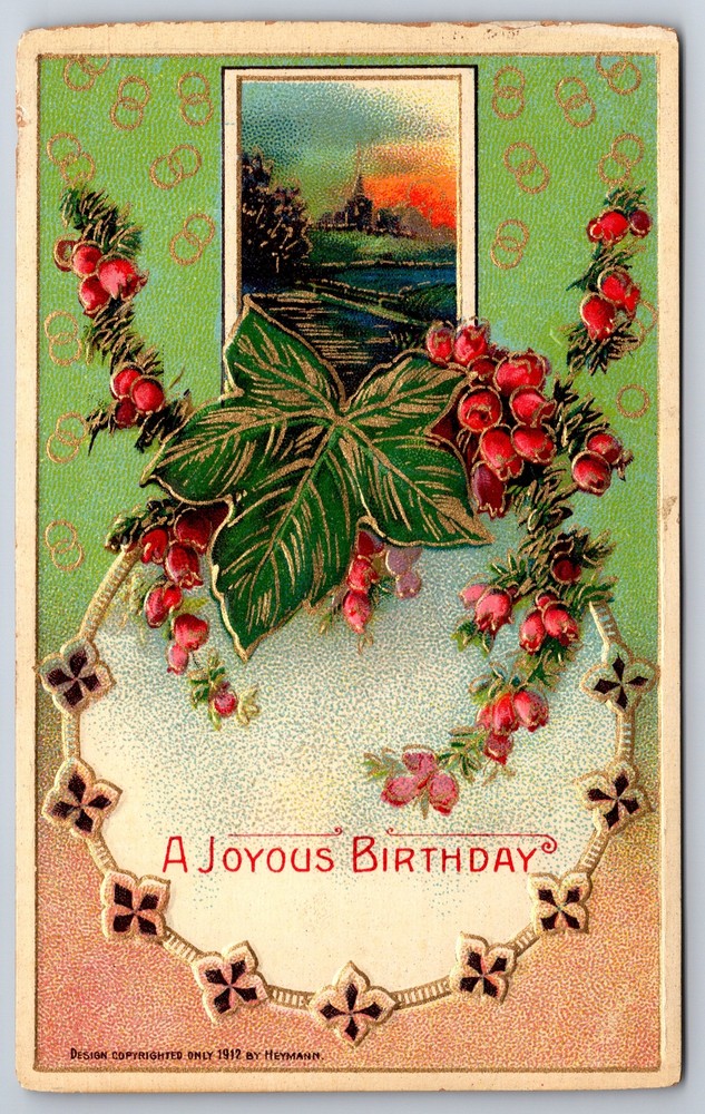 Birthday~Pink Bells & Green Leaf Under Inset~Gold Circle~Emb~Heymann~Vintage PC