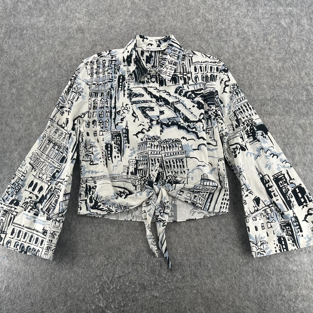 Zara Printed Shirt With Tie Knot Bell Sleeve White Black M