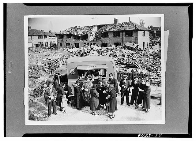 Photo:Bombed Houses Air Raid Scene 1930s Civilian Crowd Van Ruins