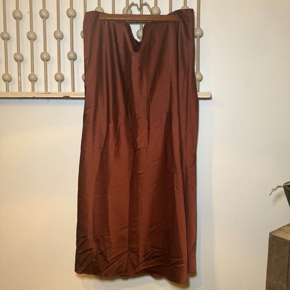 Abercrombie & Fitch Rust Brown Satin Midi Slip Skirt Size XL Elastic Waist Solid