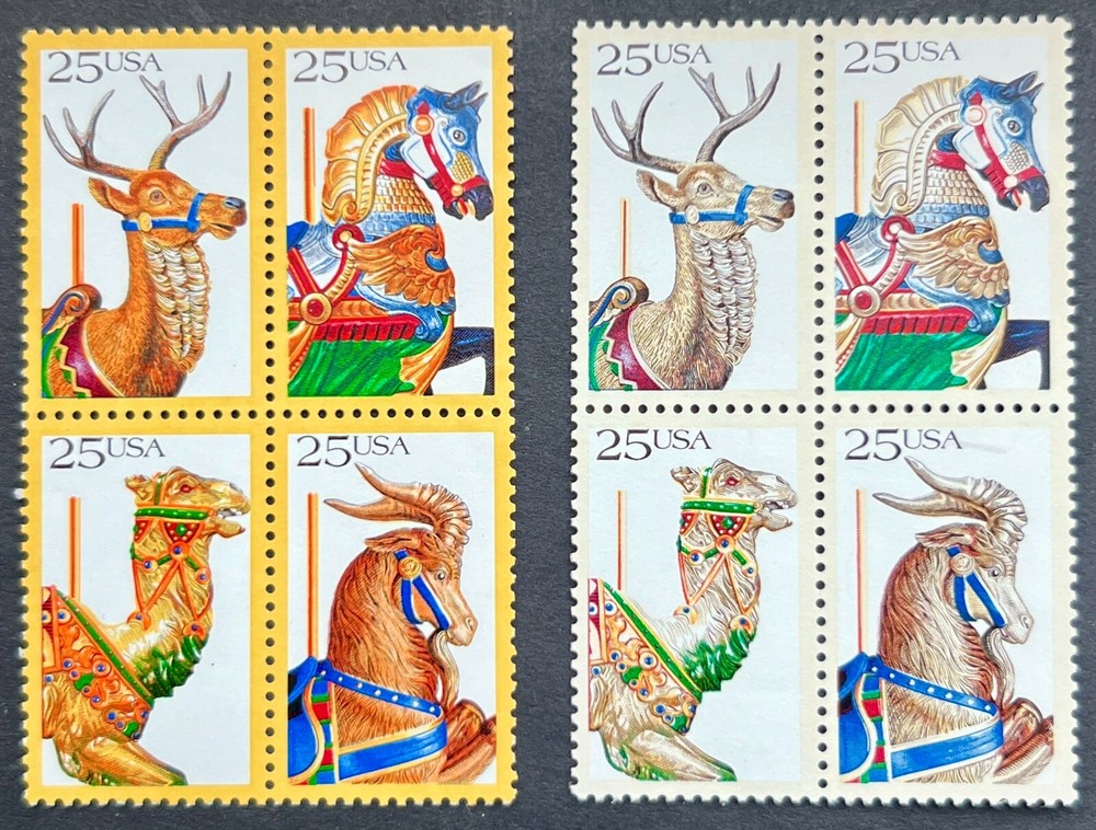 Scott#: 2393a/2393b - EFO Carousel Animals 4x25¢ block & 