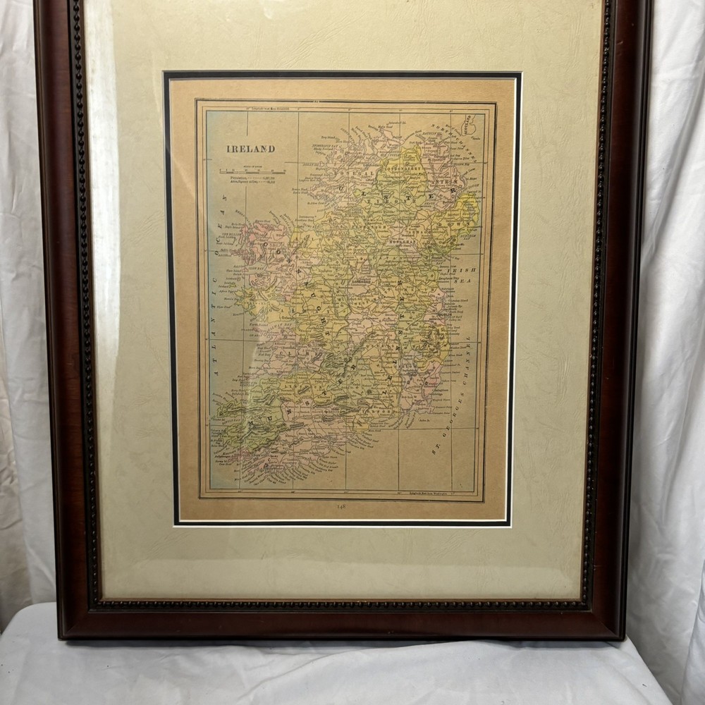 Antique 1893 Map of Ireland Framed Matted Vintage George Cram Lithograph Art