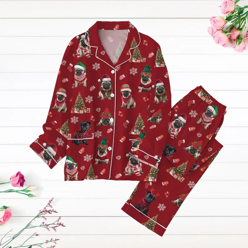 Unisex Christmas Pug Dog Pajama Set Red Holiday Print Long Sleeve Top & Pants